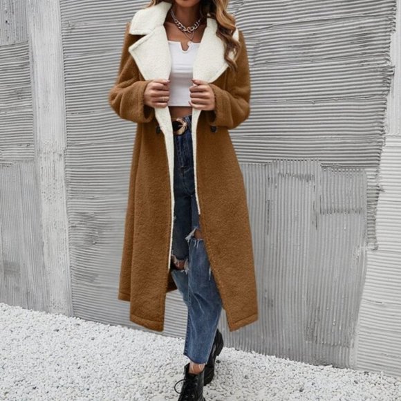 Cozy two tone  Teddy Long Coat Jacket Minimalist - Picture 2 of 11